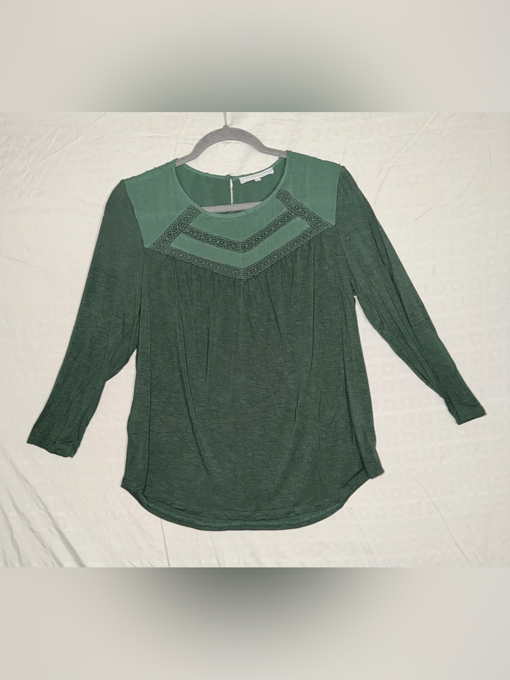 Daniel Rainn Forest Green Swiss Dot Lace Yoke Top Medium Romantic Boho Blouse